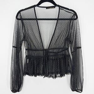 Hesperus Sheer Black & Gold Polka Dot Blouse tie front peplum sz M rocker gypsy